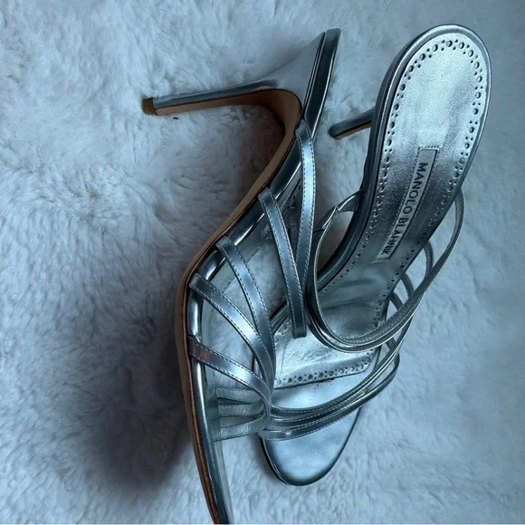 Manolo Blahnik Metallic Silver Strappy Heels